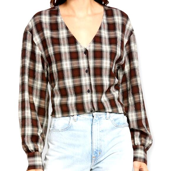 Treasure & Bond Plaid V Neck Button Up Long Sleeved Red White & Brown Boho Shirt - Picture 1 of 7